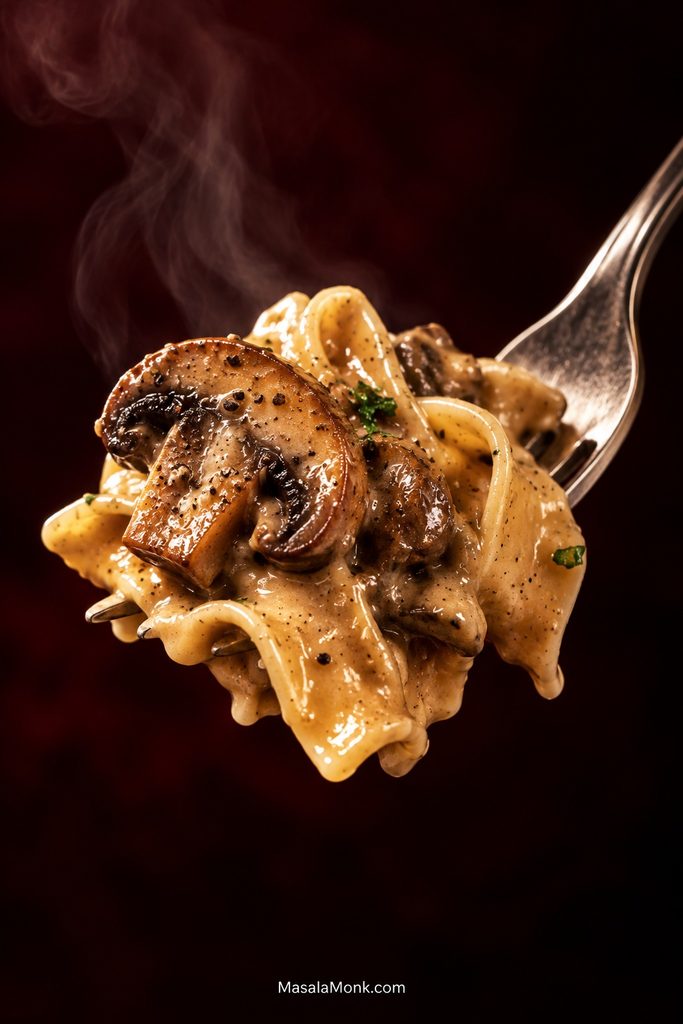 Close-up forkful of wide egg noodles coated in creamy brown mushroom stroganoff sauce with a browned mushroom slice, black pepper and small herb flecks.