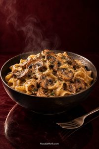 Bowl of mushroom stroganoff with wide egg noodles coated in brown creamy sauce, topped with browned sliced mushrooms, herbs and black pepper.