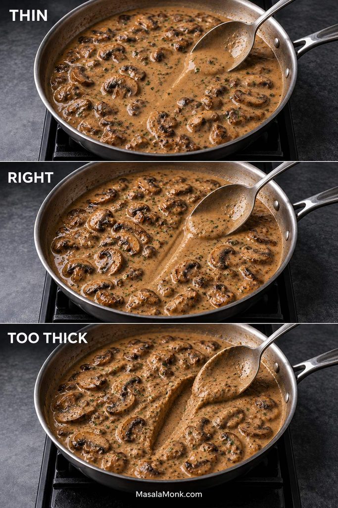 Three skillet comparisons labeled Thin, Right and Too Thick, showing increasingly thick mushroom sauce and how clearly a spoon trail remains in each one.