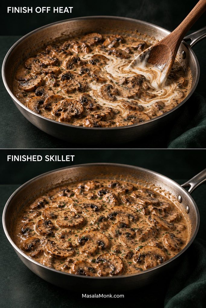 Two-panel skillet showing sour cream being folded into mushroom sauce off heat, followed by the finished smooth brown mushroom stroganoff sauce.