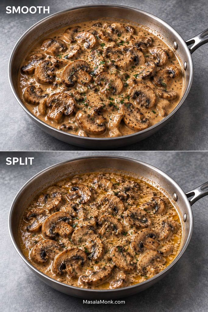 Two skillet close-ups labeled Smooth and Split: the smooth mushroom sauce is evenly emulsified, while the split sauce shows graininess and small pools of separated fat.