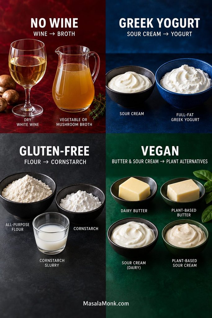 Four labeled mushroom stroganoff substitutions showing wine beside broth, sour cream beside Greek yogurt, flour beside cornstarch and slurry, and dairy butter and sour cream beside plant-based alternatives.
