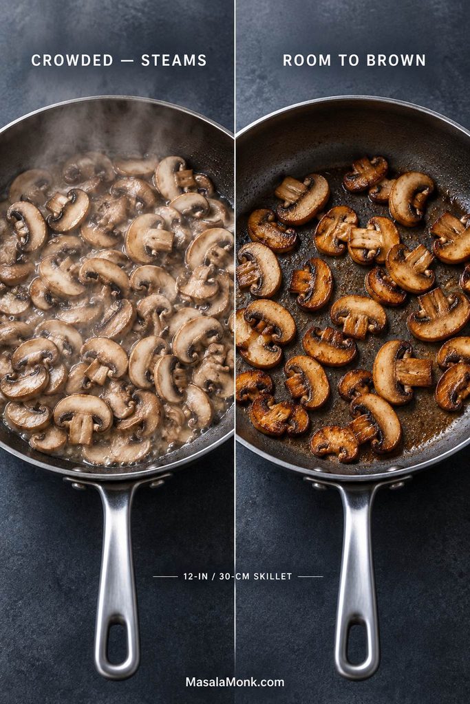 Split comparison of mushrooms cooking in the same skillet: the crowded side is pale and surrounded by liquid, while the less crowded side has browned mushrooms and exposed pan surface.