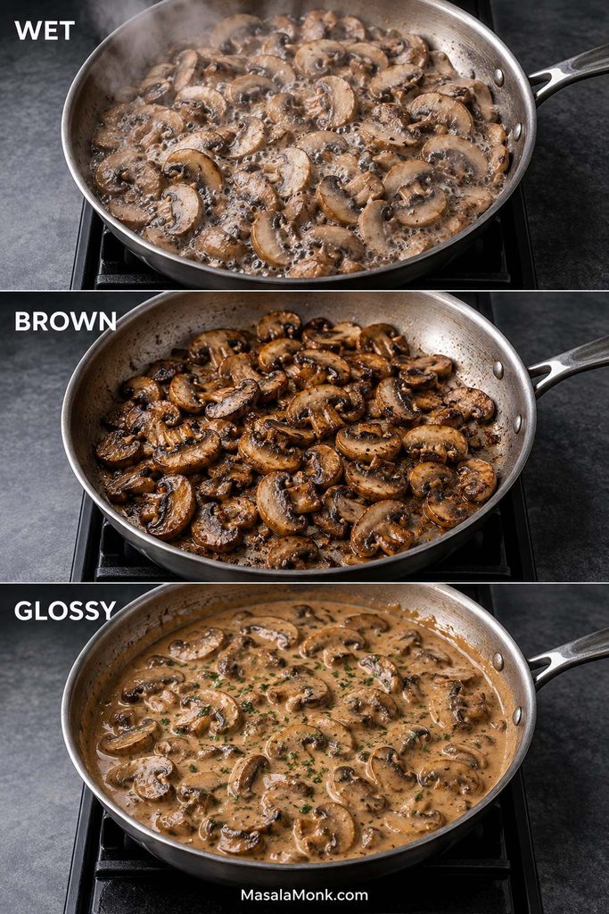 Three stages in the same skillet labeled Wet, Brown and Glossy: watery pale mushrooms, browned mushrooms after the liquid evaporates, and mushrooms in finished glossy stroganoff sauce.
