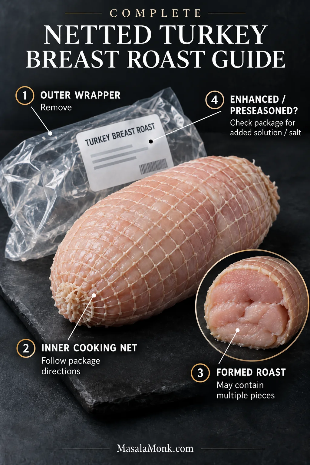 Netted raw turkey breast roast with the outer wrapper, inner cooking mesh, formed-meat cutaway and a package label for checking added solution or salt.