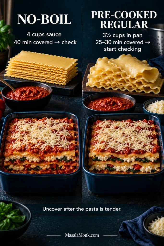 Dry no-boil lasagna sheets and a saucier pan compared with flexible pre-cooked regular noodles and a slightly less saucy assembly.