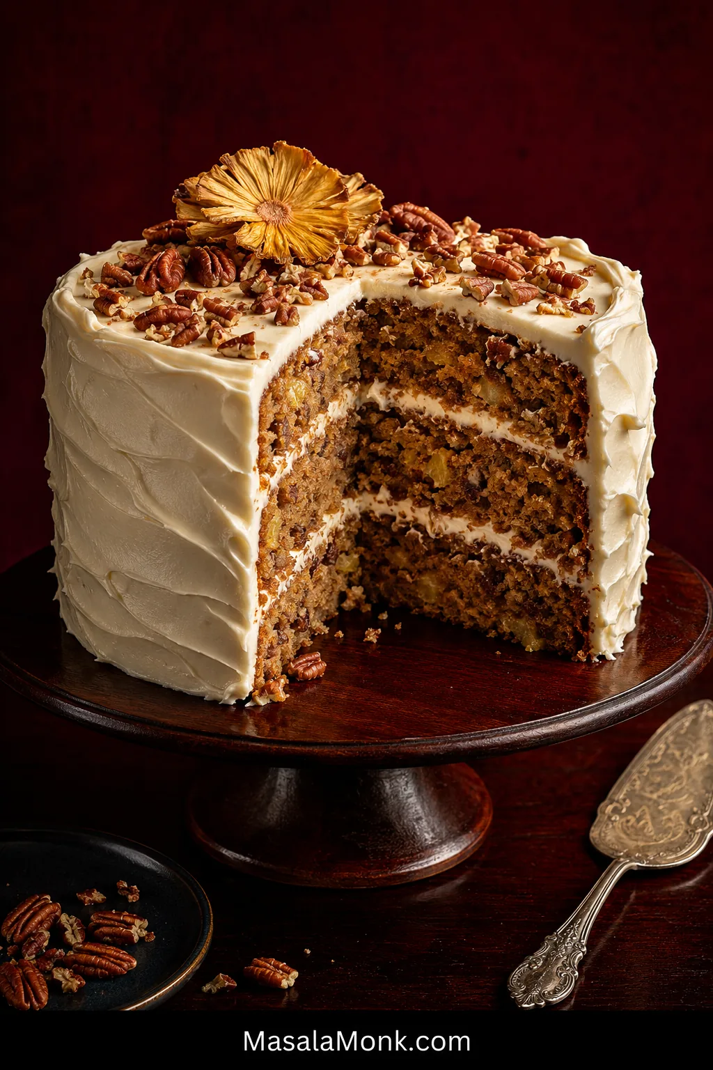 Three-layer Hummingbird Cake with cream cheese frosting and pecans, with a wedge removed to reveal golden fruit-and-nut cake layers.