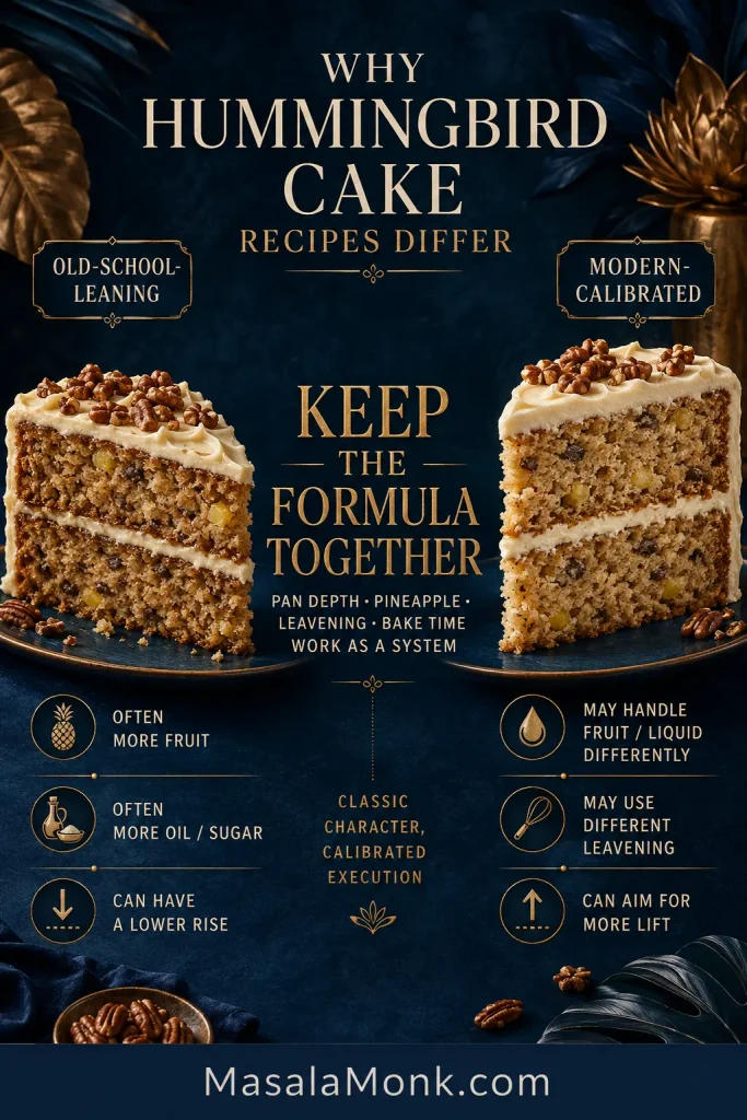 Comparison of old-school-leaning and modern-calibrated Hummingbird Cake formulas with notes about fruit, fat, leavening, pan depth and bake time.