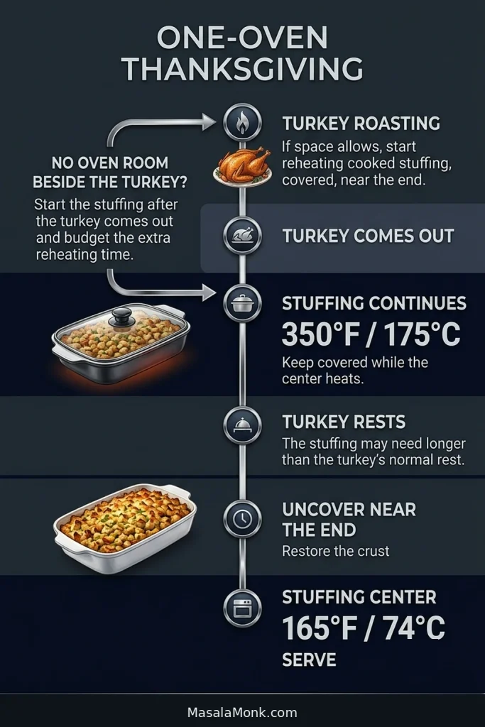Vertical one-oven Thanksgiving timeline showing turkey roasting, cooked stuffing reheating at 350°F or 175°C, uncovering near the end and reaching 165°F or 74°C.