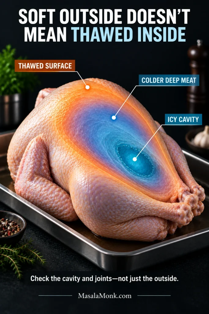 Raw whole turkey on a roasting tray with a thermal-style overlay changing from warm orange at the surface to blue in deeper meat and the cavity.