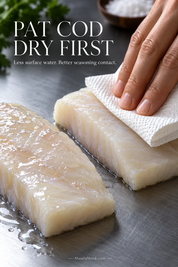 A hand presses paper towel onto a raw cod portion beside a visibly wetter fillet to show how to dry cod before baking.
