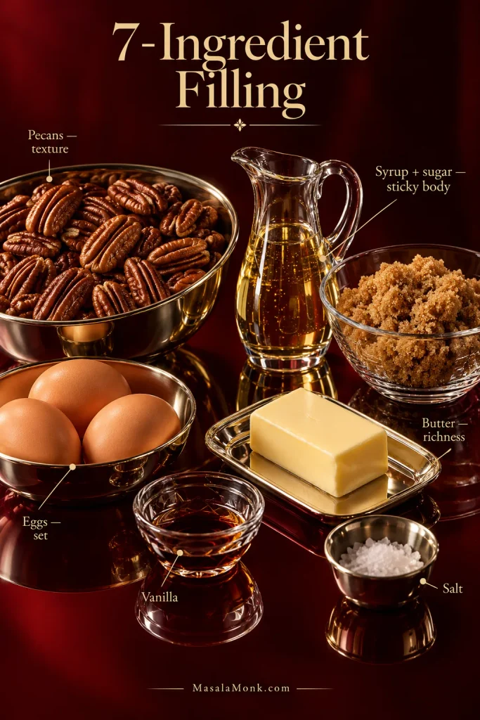 Pecans, eggs, corn syrup, brown sugar, butter, vanilla and salt arranged as the seven filling ingredients, with small labels showing the roles of eggs, syrup, sugar, butter and pecans.