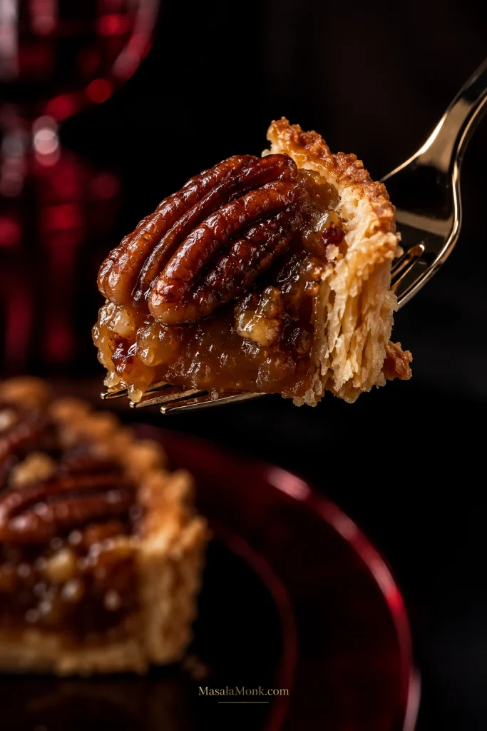 Extreme close-up of a fork holding pecan pie with visible flaky pastry, glossy caramel filling and toasted pecan against a dark garnet background.
