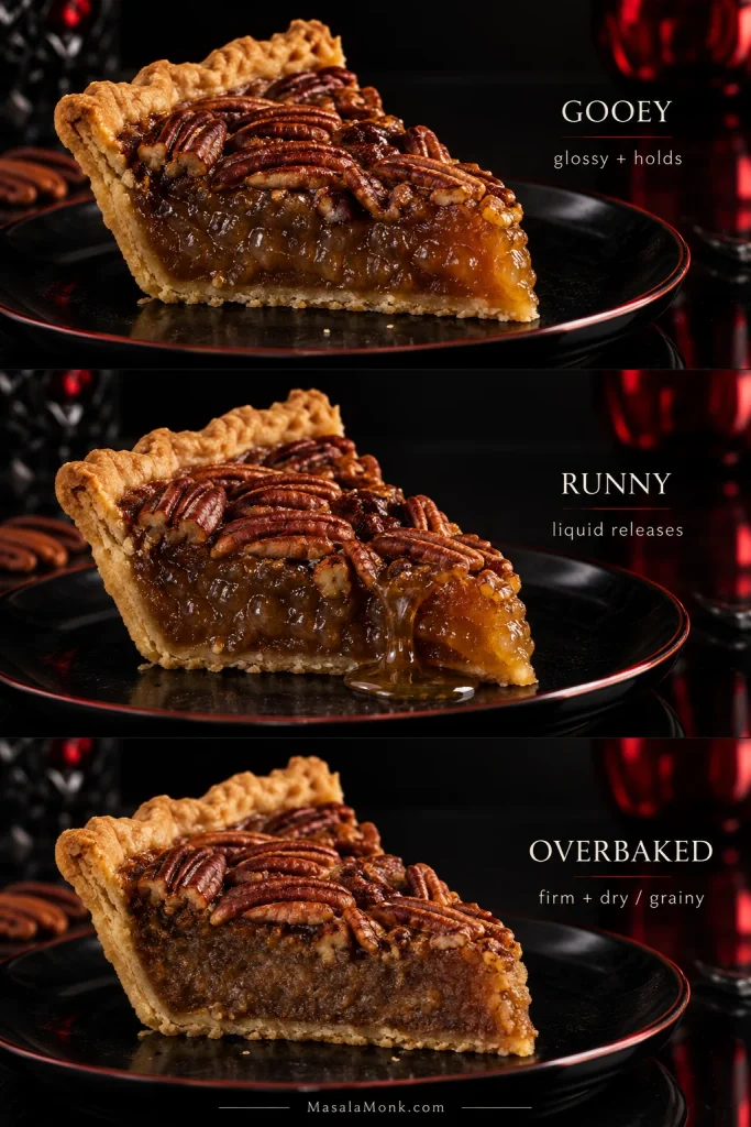 Three matching pecan pie slices compare a glossy gooey filling that holds, a runny filling releasing liquid and an overbaked filling with a firmer, drier, grainier texture.