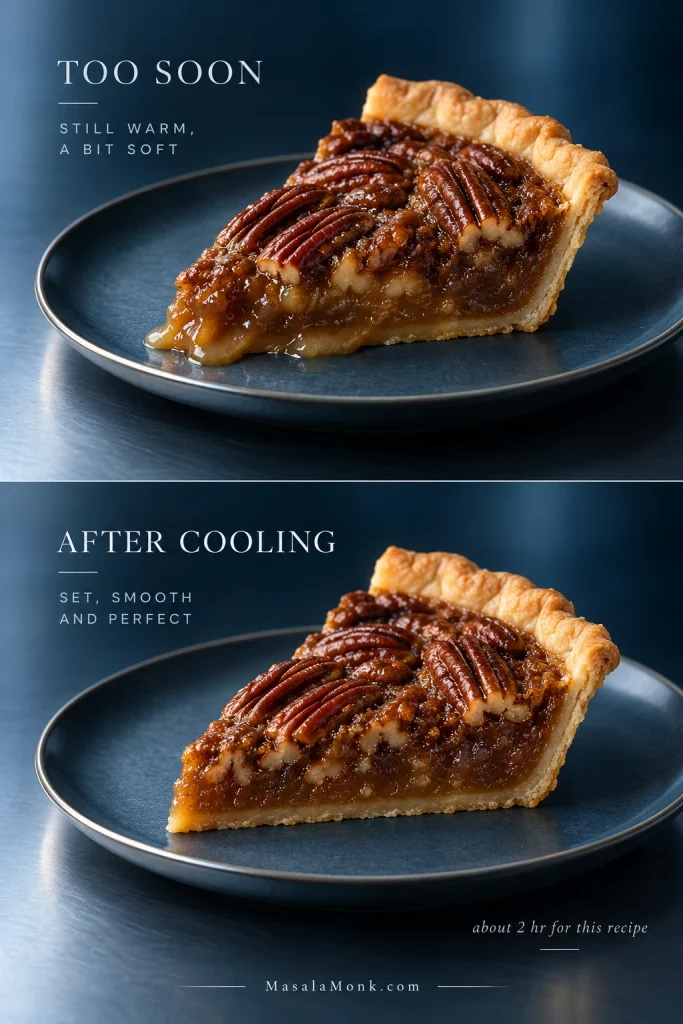 Matching pecan pie slices compare a softer, looser slice cut too soon with a cooled slice that has a cleaner edge while remaining glossy inside.