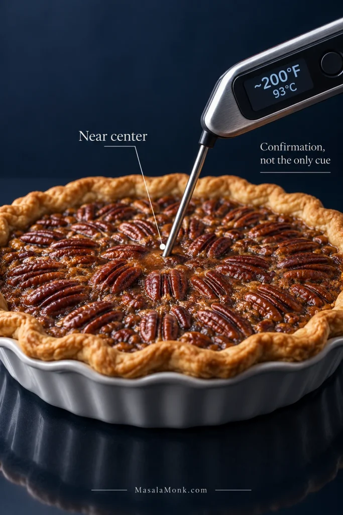 An instant-read thermometer inserted near the center of a pecan pie reads about 200°F and 93°C, with guidance that temperature is a confirmation of doneness.