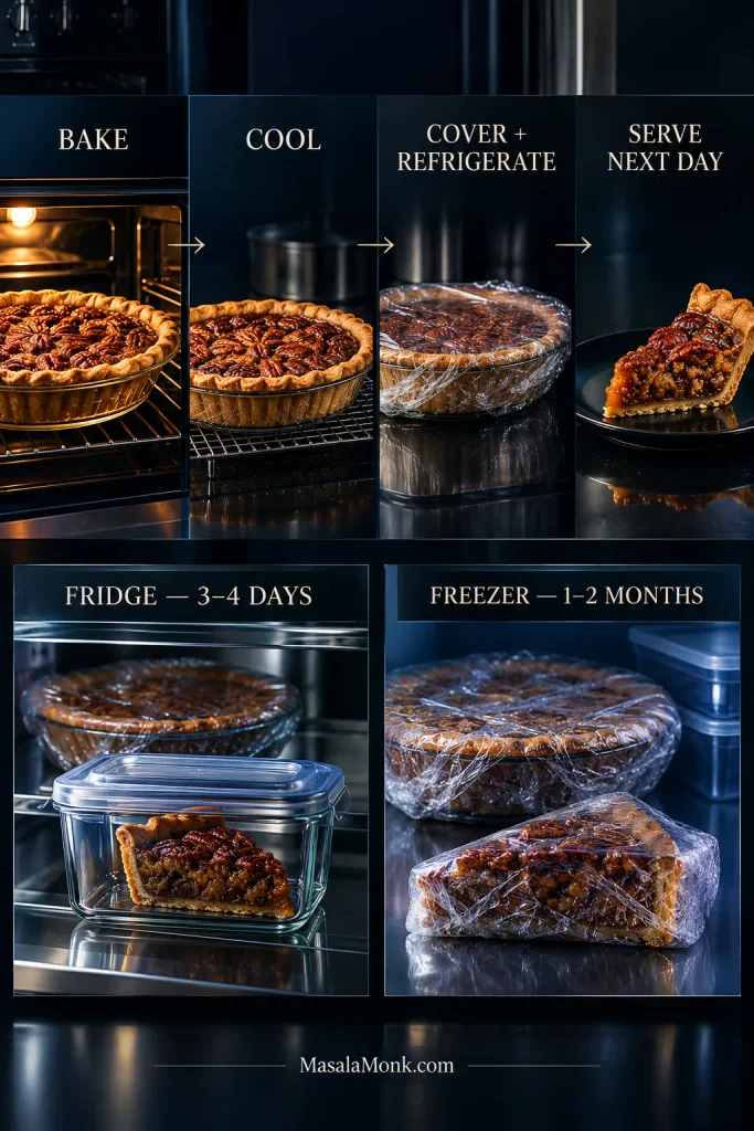 Pecan pie make-ahead guide showing bake, cool, cover and refrigerate, then serve the next day, with storage guidance of 3–4 days refrigerated and 1–2 months frozen.