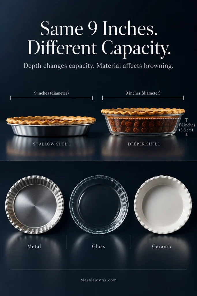 Pie pan guide comparing shallow and deeper 9-inch dishes, including a deeper dish about 1½ inches or 3.8 centimeters deep, with metal, glass and ceramic pan examples.
