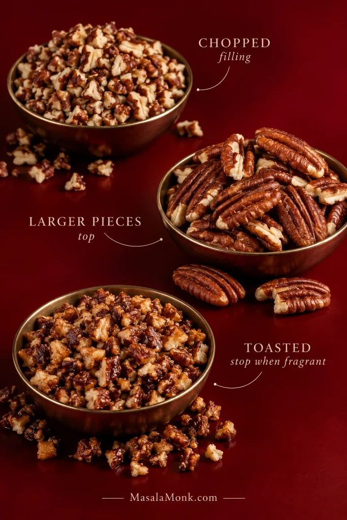 Three pecan preparations shown separately: coarsely chopped pecans for the filling, larger pecan pieces for the top and toasted chopped pecans.