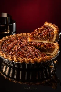 A slice of pecan pie lifted on a metal server above the remaining pie, showing flaky golden crust, toasted pecans and glossy caramel filling that holds its shape.