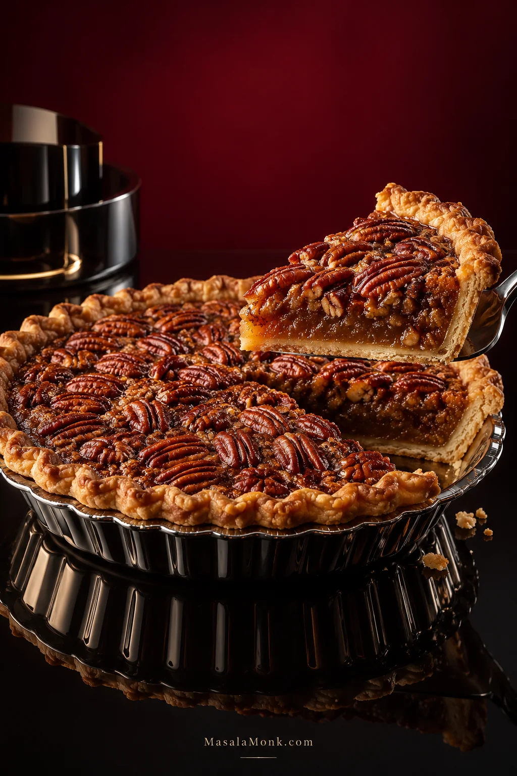 A slice of pecan pie lifted on a metal server above the remaining pie, showing flaky golden crust, toasted pecans and glossy caramel filling that holds its shape.