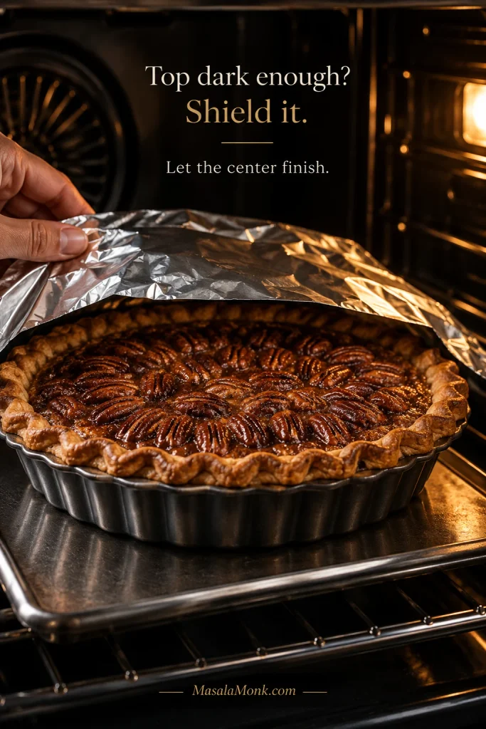 A browned pecan pie in the oven with aluminum foil shielding the crust and top while the center continues baking.