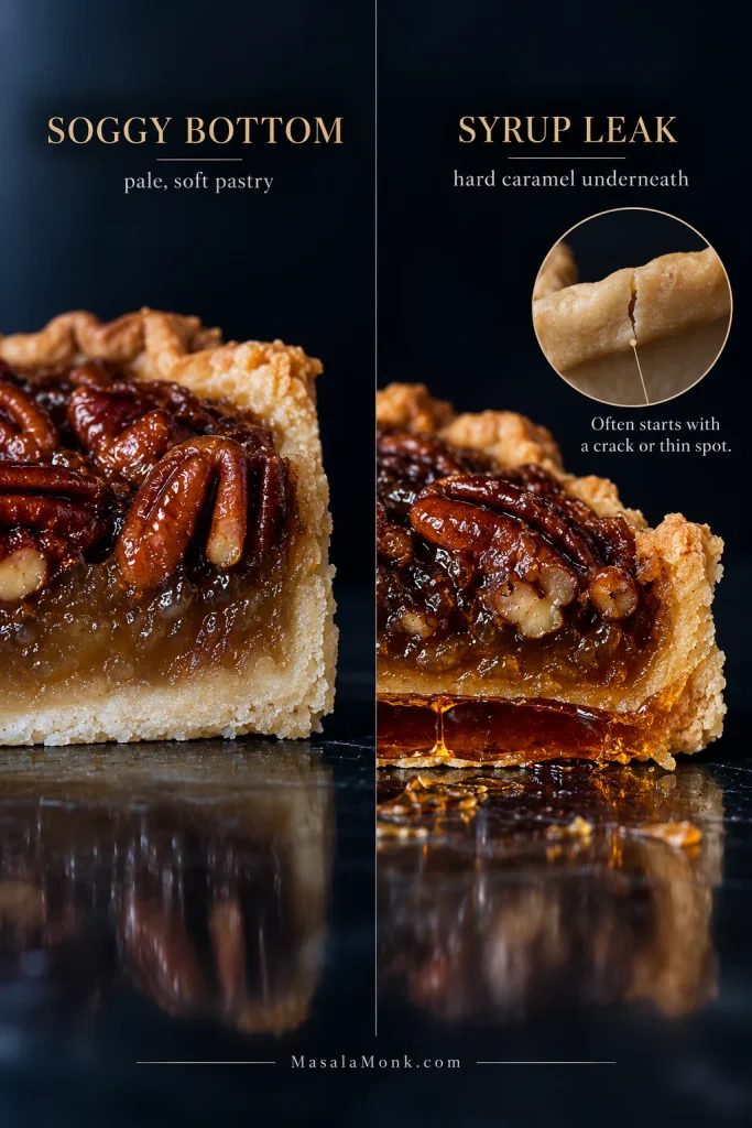Two pecan pie cross-sections compare a pale, soft bottom crust with a hard caramelized syrup layer beneath the pastry; a small inset shows a crack where filling can leak through.