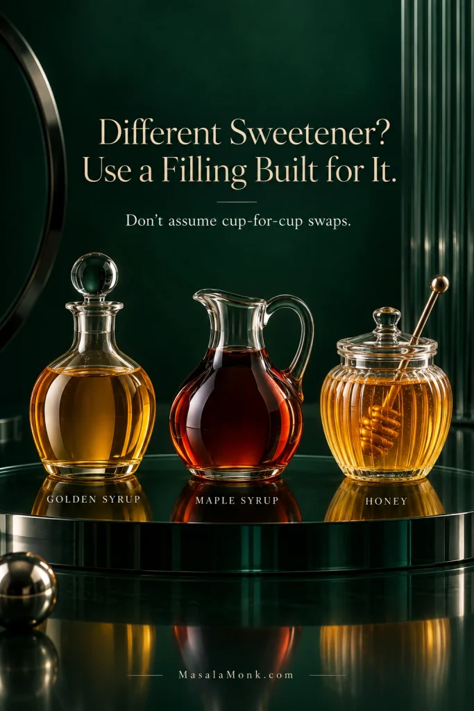 Golden syrup, maple syrup and honey displayed in separate glass vessels, with text advising that pecan pie fillings should be formulated for the chosen sweetener rather than swapped cup for cup.