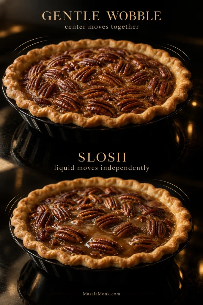 Two pecan pies compare doneness: one shows a gentle cohesive wobble in the center, while the other shows loose liquid moving independently between and beneath the pecans.