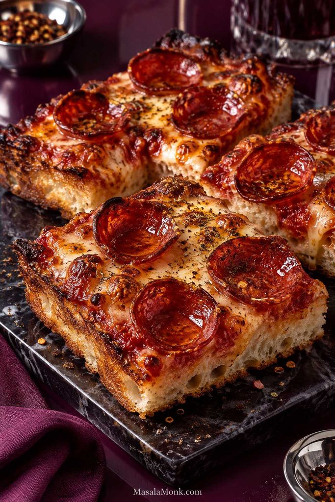 Pepperoni focaccia pizza with curled pepperoni slices, melted blistered cheese, tomato sauce, basil, and a browned airy crust.