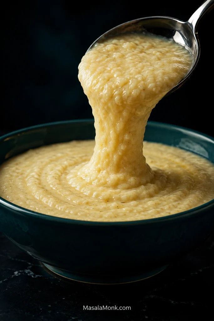 Creamy grits falling from a spoon in a broad ribbon and spreading back into a dark teal bowl.