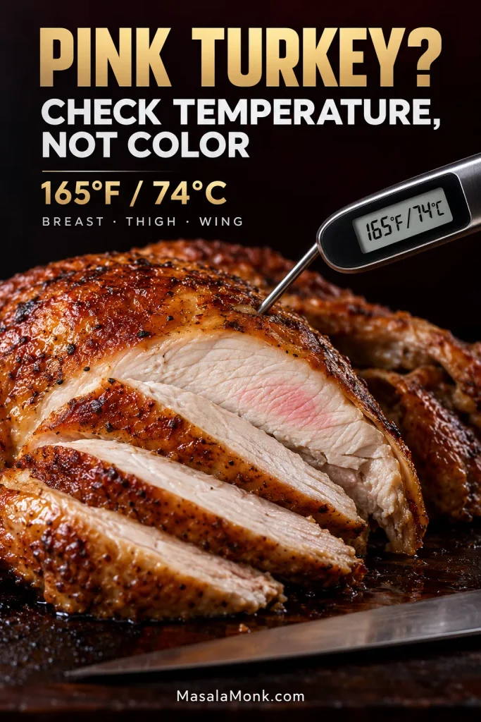 Close-up of carved roast turkey with a small pink area in the breast beside a digital thermometer reading 165°F / 74°C, under the message “Check temperature, not color.”