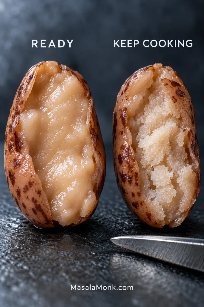 Two split pinto beans in close-up, one with a smooth creamy center labeled ready and one with a pale grainy center labeled keep cooking.
