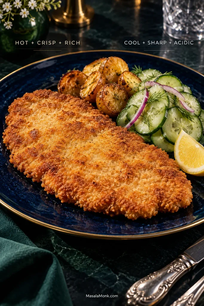 Golden pork schnitzel on a dark blue plate with roasted potatoes, cucumber salad, red onion, dill and a lemon wedge.