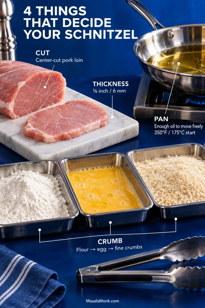 Raw center-cut pork loin, a flattened pork cutlet, flour, beaten egg, fine breadcrumbs and a shallow-fry pan arranged on a cobalt and stainless-steel set with preparation labels.