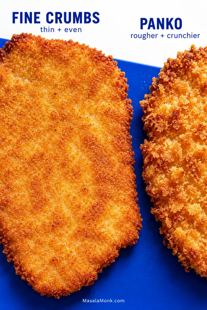 Two cooked breaded pork cutlets compare a thin, even fine-breadcrumb crust with a rougher coating made from larger panko flakes.