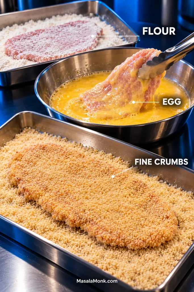 Three-stage pork schnitzel breading station showing a floured cutlet, a cutlet dipped in beaten egg with tongs, and a cutlet coated with fine dry breadcrumbs.