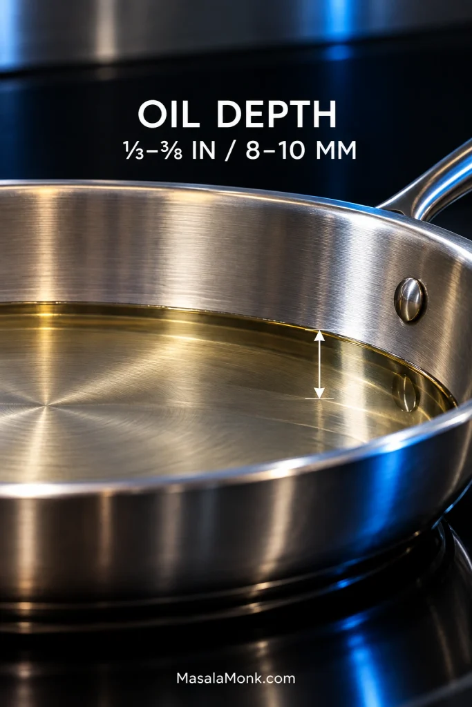 Low-angle view of a stainless-steel frying pan showing shallow frying oil measured at about 1/3 to 3/8 inch, or 8 to 10 millimeters, deep.