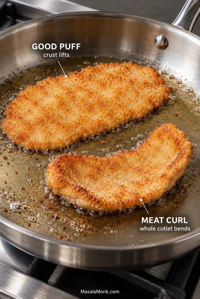Two pork schnitzels in the same pan compare a mostly flat cutlet with small raised crust pockets against another cutlet whose whole body cups upward from meat curl.