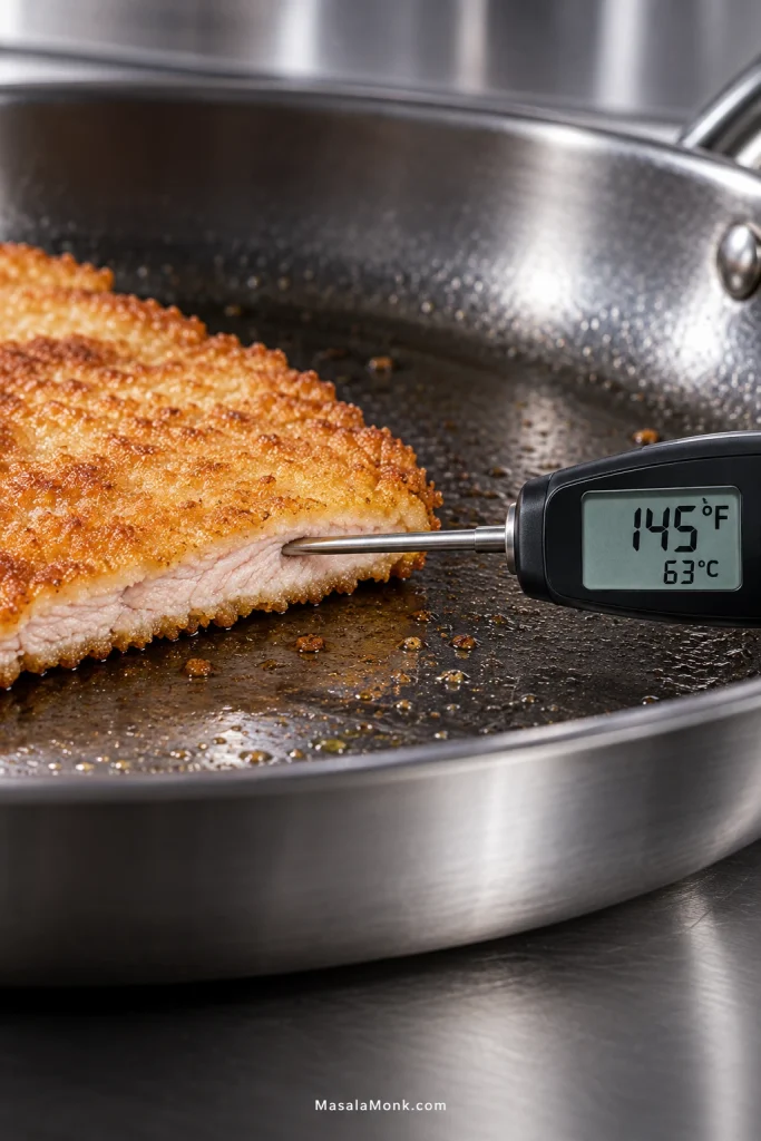 Digital thermometer probe inserted horizontally through the thin side of cooked pork schnitzel, with the display reading 145°F and 63°C.