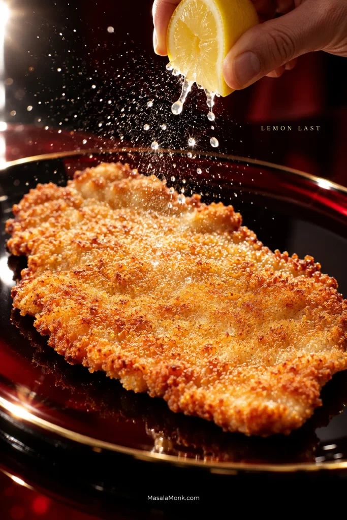 Hand squeezing a lemon over a crisp golden pork schnitzel, with droplets visible above the crust.
