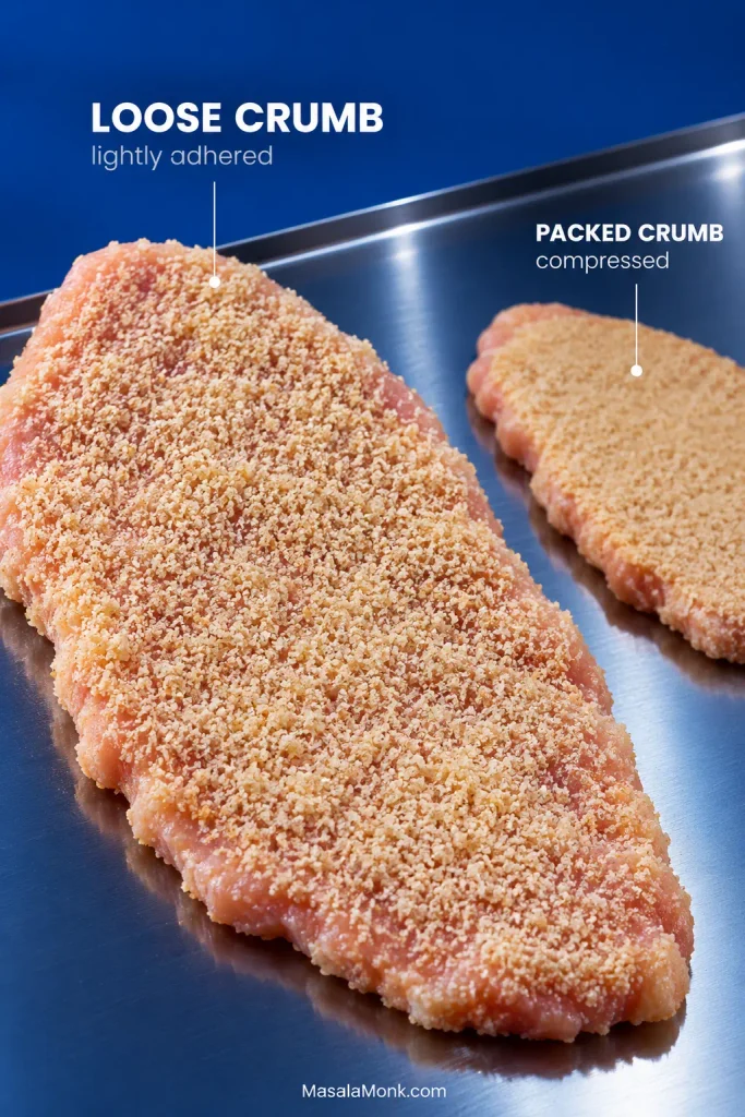 Two raw breaded pork cutlets compare lightly adhered fine breadcrumbs with a second cutlet whose breadcrumb coating has been pressed and compressed.