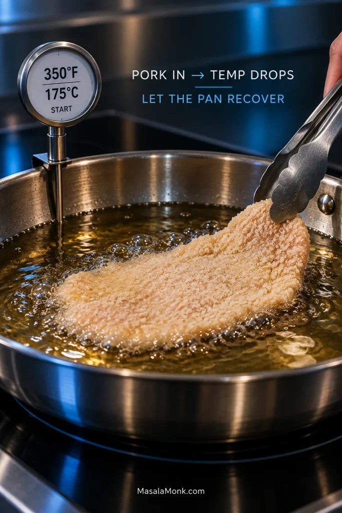 Breaded pork schnitzel being lowered into shallow oil with tongs beside an oil thermometer showing a 350°F, 175°C starting temperature.