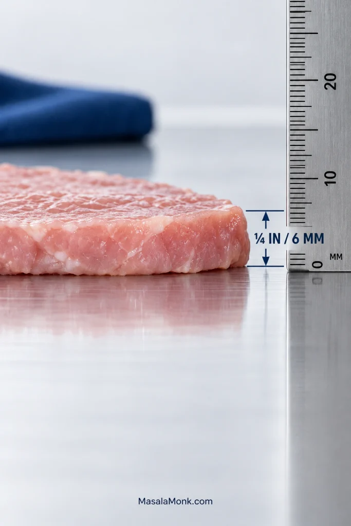 Flattened raw pork cutlet beside a stainless-steel ruler showing a thickness of about 1/4 inch, or 6 millimeters.