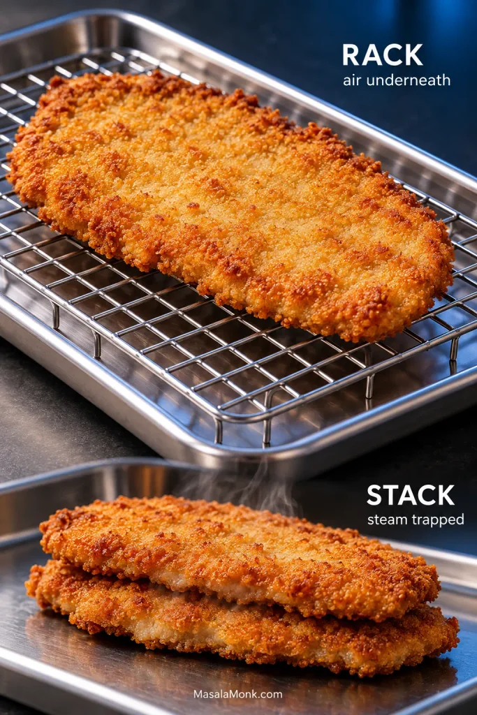 Golden pork schnitzel resting on a wire rack with open air beneath it, compared with two schnitzels stacked together with steam trapped between them.