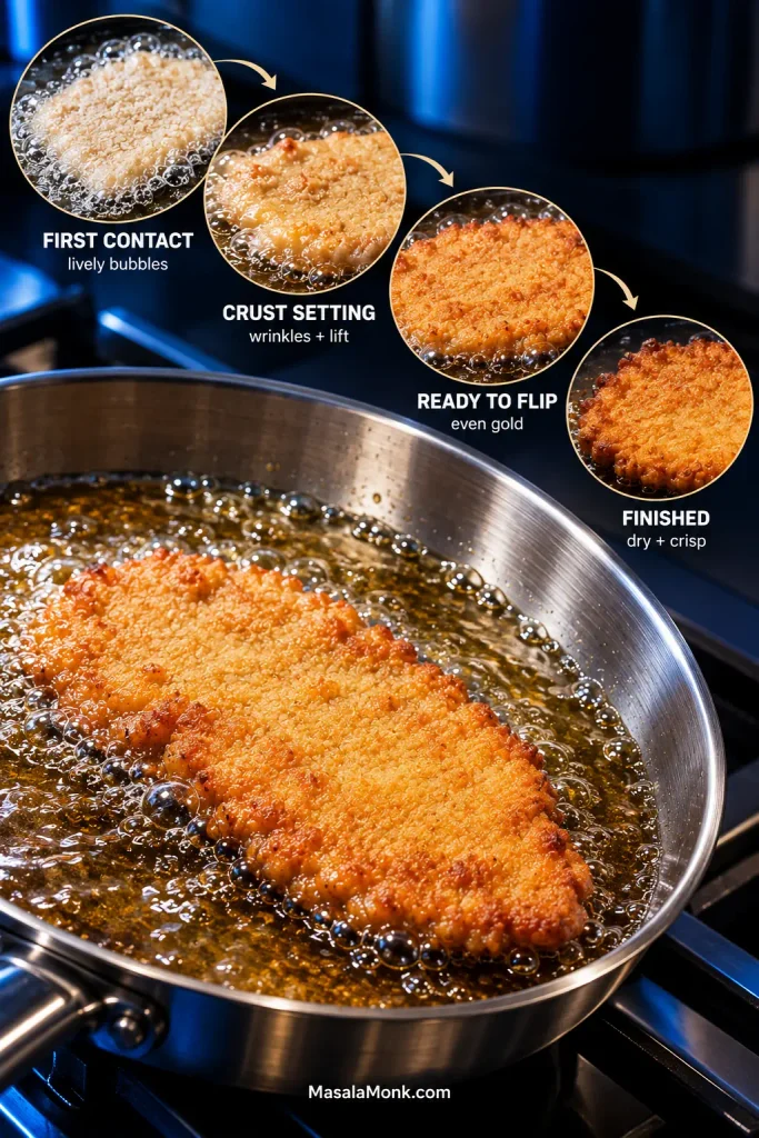 Pork schnitzel frying in a skillet with four close-up stages showing first contact with bubbles, crust setting, an even golden pre-flip surface and the finished crisp crust.