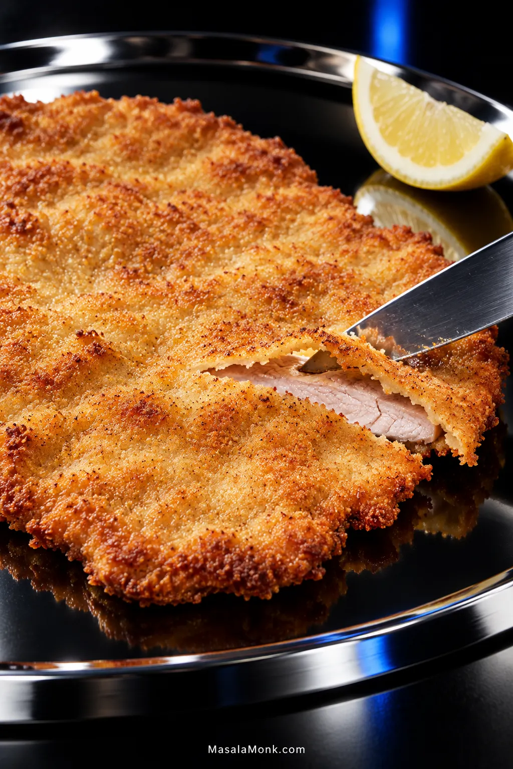 Thin golden pork schnitzel on a glossy black platter, cracked open with a knife to reveal cooked pork inside, with a lemon wedge near the top.