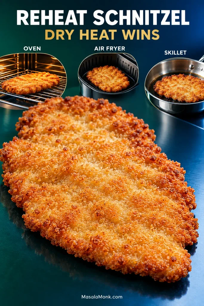 Reheated pork schnitzel shown with oven, air-fryer and skillet reheating methods on an emerald and cobalt background.