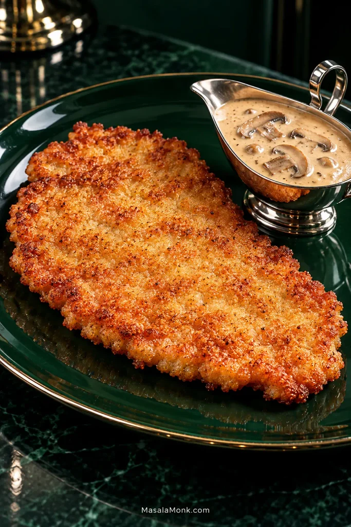 Golden pork schnitzel on a dark green plate beside a polished silver sauceboat filled with creamy mushroom sauce and sliced mushrooms.