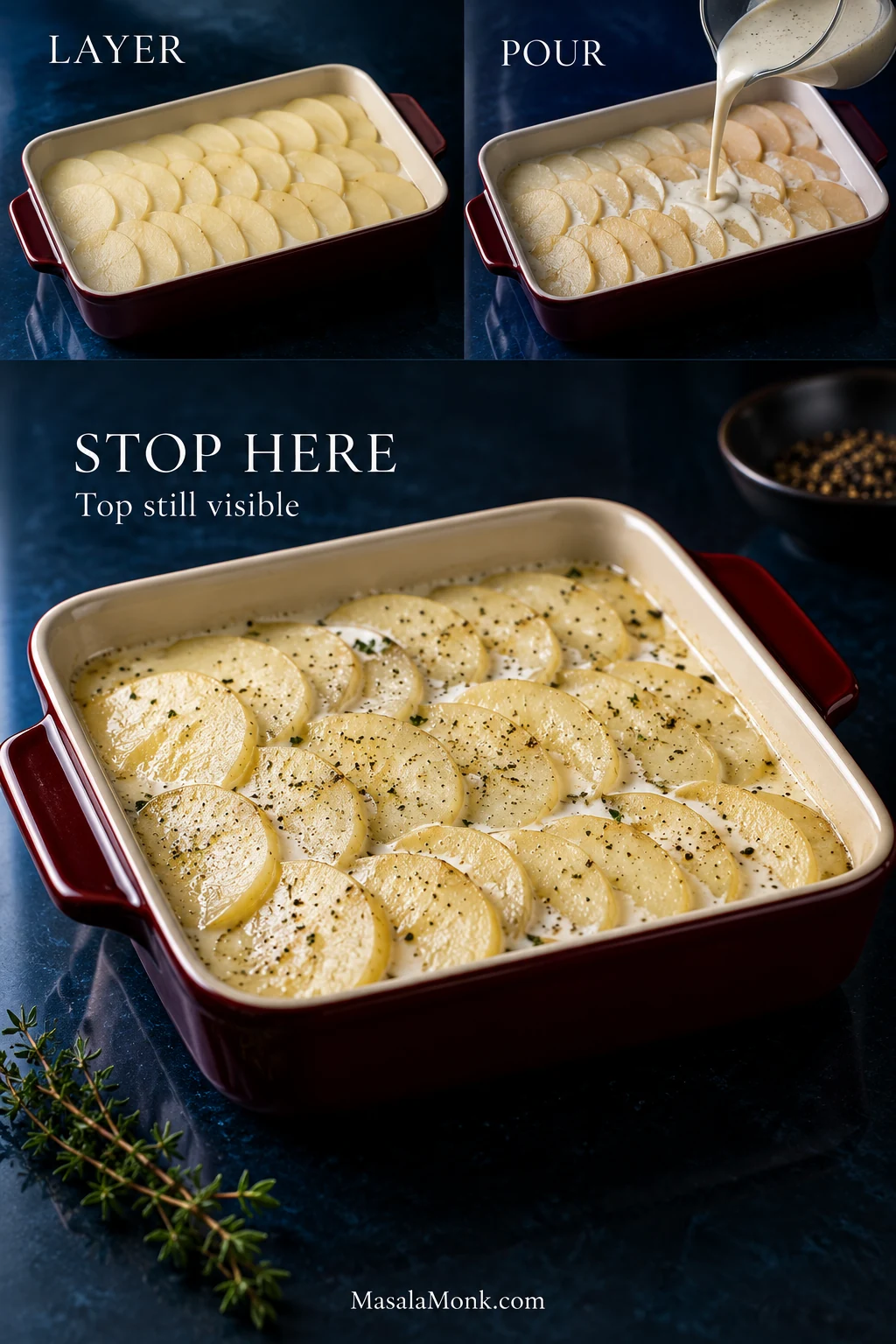 Three-stage graphic shows layered potatoes, cream being poured, and the finished assembly with the top potato layer still visible.